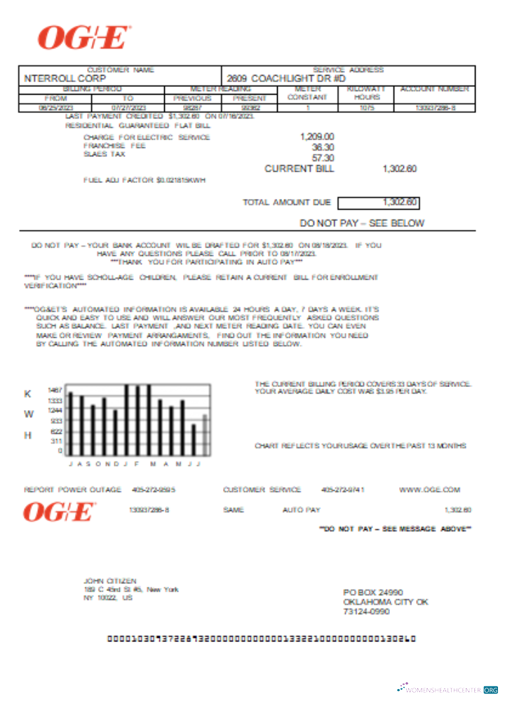 Download Oklahoma OGE Energy utility business bill SCR Photoshop template